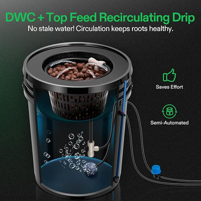 VIVOSUN DWC Hydroponics Grow System with Top Drip Kit, 5-Gallon Deep Water Culture, Recirculating Drip Garden System with Multi-Purpose Air Hose, Air Pump, and Air Stone (4 Buckets + Top Drip Kit)