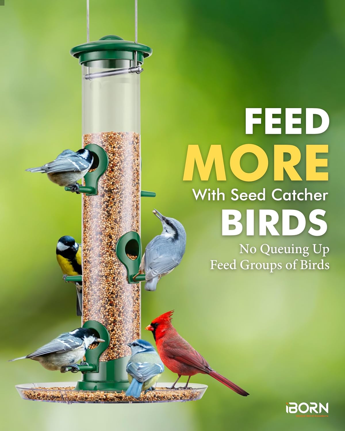 iBorn Bird Feeders Seed Catcher for Outside Hanging 6 Port Bird Feeder for Cardinal Birds Aluminium Metal,Green Finishing 14 Inch 6 Port (Seed is not Included)