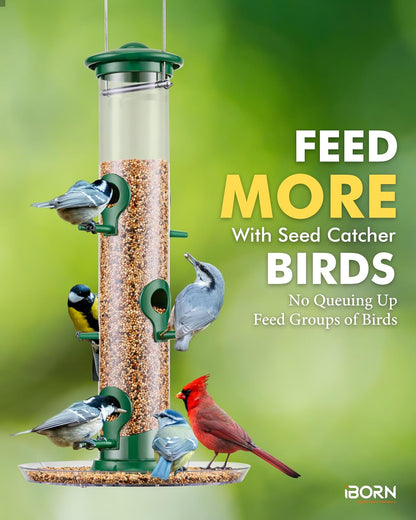iBorn Bird Feeders Seed Catcher for Outside Hanging 6 Port Bird Feeder for Cardinal Birds Aluminium Metal,Green Finishing 14 Inch 6 Port (Seed is not Included)