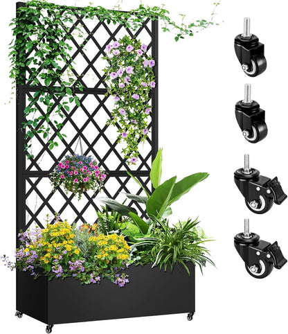 Metal Planter Box with Trellis, 72"x35"x16" Metal Raised Garden Bed with Trellis, Trellis Planter Box with Drainage Holes & Lockable Casters for Climbing Plants, Vegetables, and Vines