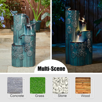 Glitzhome 31.75" H Outdoor Water Fountain with LED Lights and Pump, 4 Tier Dandelion Texture Vase Shaped Ceramic Floor Standing Fountain with Birds for Porch Deck Garden Patio Backyard, Turquoise