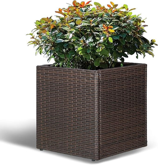 LEWIS&WAYNE Large Square Planter Box Handmade Wicker Tall Planters for Outdoor Plants with Removable Liners Modern Planter for Indoor Outdoor Garden Patio Front Porch - Brown, 17''x17''x18''