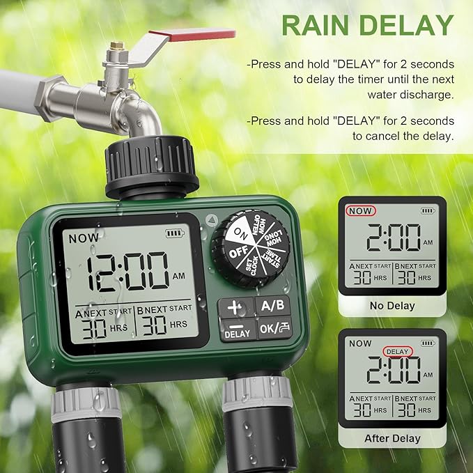2 Outlet Sprinkler Timer, XinFuture Water Timer, Programmable Garden Hose Timer with Rain Delay, Manual& Automatic Watering System, Waterproof Irrigation Controller for 2 Separate Watering Zones
