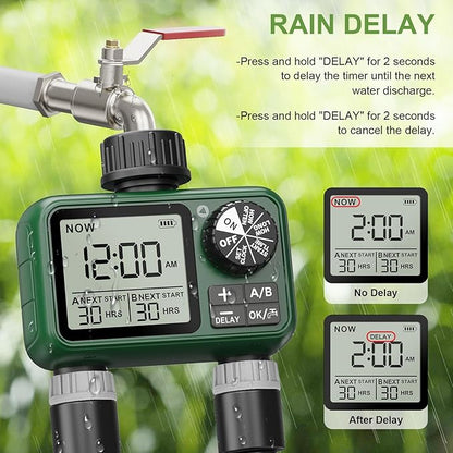 2 Outlet Sprinkler Timer, XinFuture Water Timer, Programmable Garden Hose Timer with Rain Delay, Manual& Automatic Watering System, Waterproof Irrigation Controller for 2 Separate Watering Zones