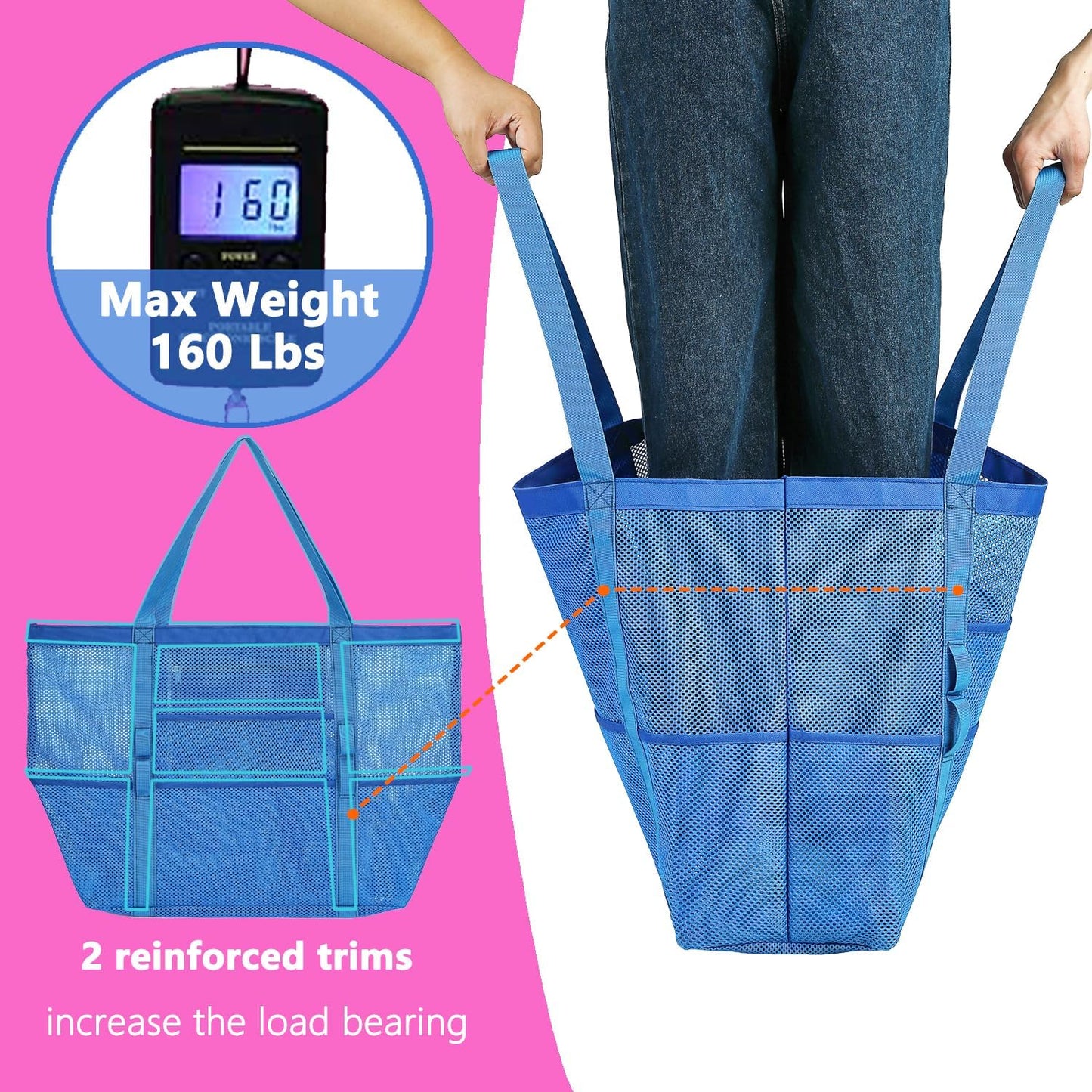 Mesh Beach Bag, Large Beach Tote with Zipper Pocket for Family Pool Bag for Toys & Vacation Essentials