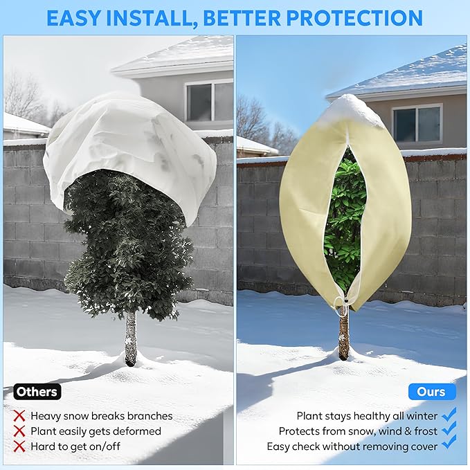 MIXC Plant Covers Freeze Protection, 23.6''×23.6'' Winter Cold Weather Frost Blankets Shrub Jacket with Drawstring Reusable Frost Protection Cloth for Outdoor Plants Fruit Tree Potted (2 Pack)