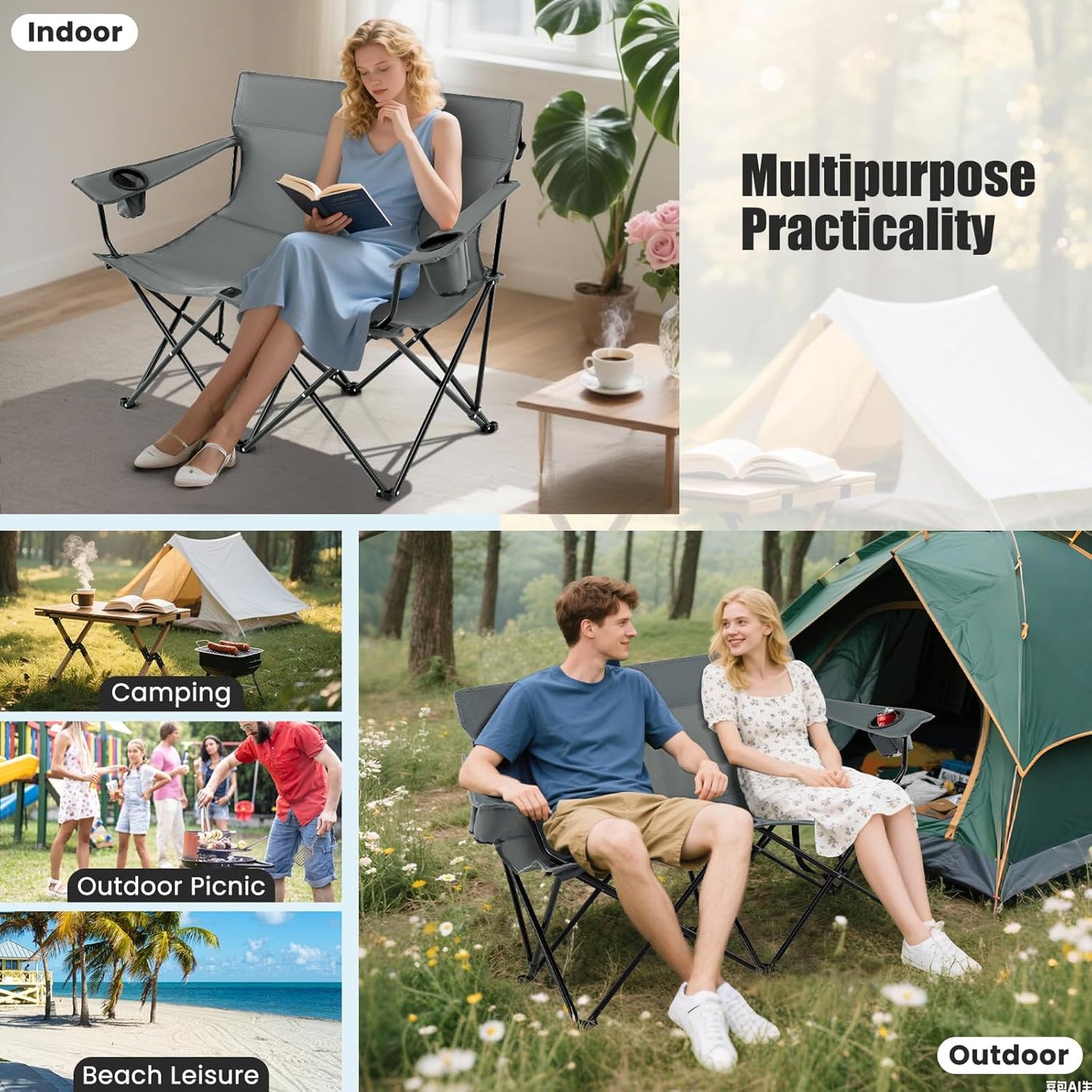 Goplus Double Camping Chair, Oversized Heavy Duty Camping Loveseat for Adults, Portable Folding 2 Person Camping Chair with Cup Holder for Outdoor Lawn Beach Backyard