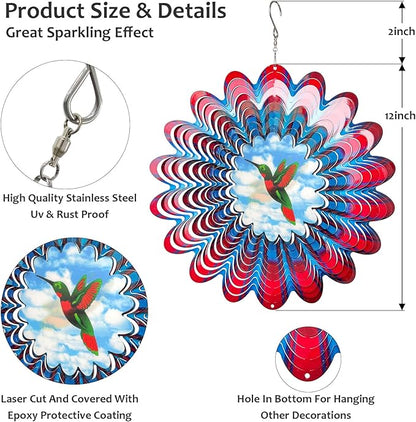 Hummingbird Animated Wind Spinner - 12In 3D Kinetic Hanging Sculpture, Creates Flying Hummingbird Animation Effect | Outdoor Garden Yard Decor, Unique Gift for Mom/Dad/Women/Men & Christmas