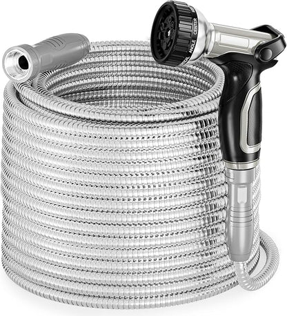 SPECILITE Stainless Steel Garden Water Hose 50 ft with Swivel Handle, Lightweight & Flexible Pipe with Heavy Duty Nozzle for Yard, Outdoor, Lawn
