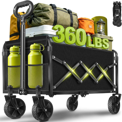 Wagons Carts Foldable, Collapsible Wagon with Wheels, Folding Wagons carts for Camp Sports Garden, Portable Utility Outdoor Wagon with 360lbs, Garden Cart for Groceries, Two Cup Holder, Black