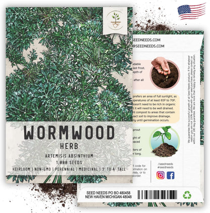 Seed Needs Wormwood Seeds for Planting - Non-GMO, Heirloom & Untreated Perennial Herb - Medicinal Herbs for Digestion & Gut Health (5 Packs)
