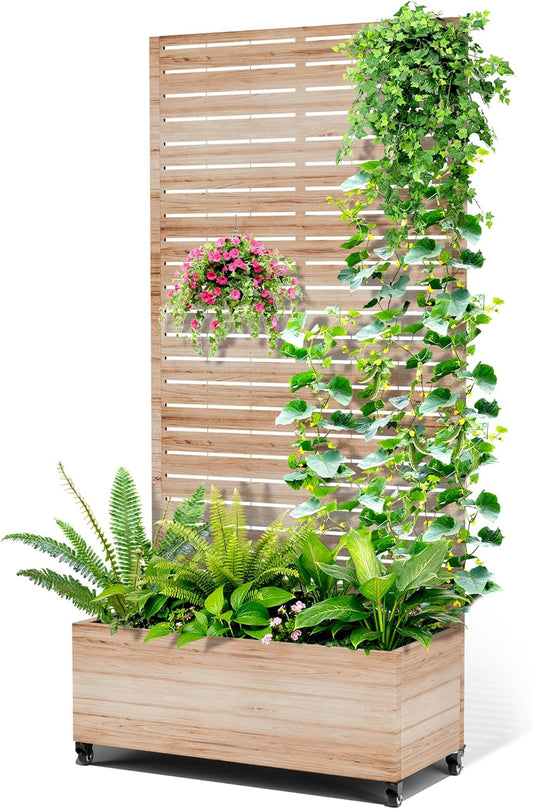 Metal Raised Garden Bed with Trellis, 2-in-1 Planter Box & Privacy Screen for Climbing Plants, Outdoor Standing Flower Bed with Drainage Holes, 35.4" L x 15.7" W x 70.1" H, Acacia Wood Grain