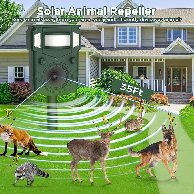 2025 Upgraded Solar Ultrasonic Animal Repellent Outdoor – Motion Activated Deer, Squirrel, Cat, Raccoon, Dog & Bird Deterrent Ultrasonic Sweep for Yard, Garden, Farm