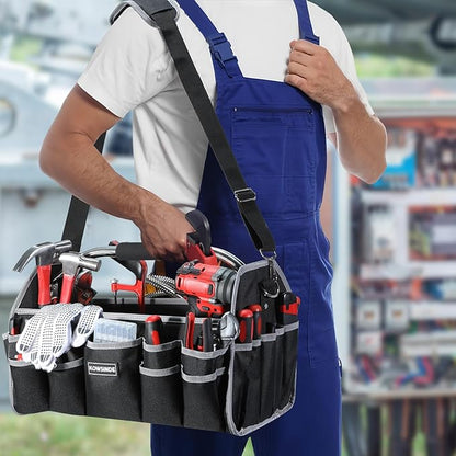 18 Inch Tool Bag, Electrician Tool Bag, Open Top Tool Bags, 26 Pockets Can Hold Many Tools, Steel Handle and Removable Shoulder Strap