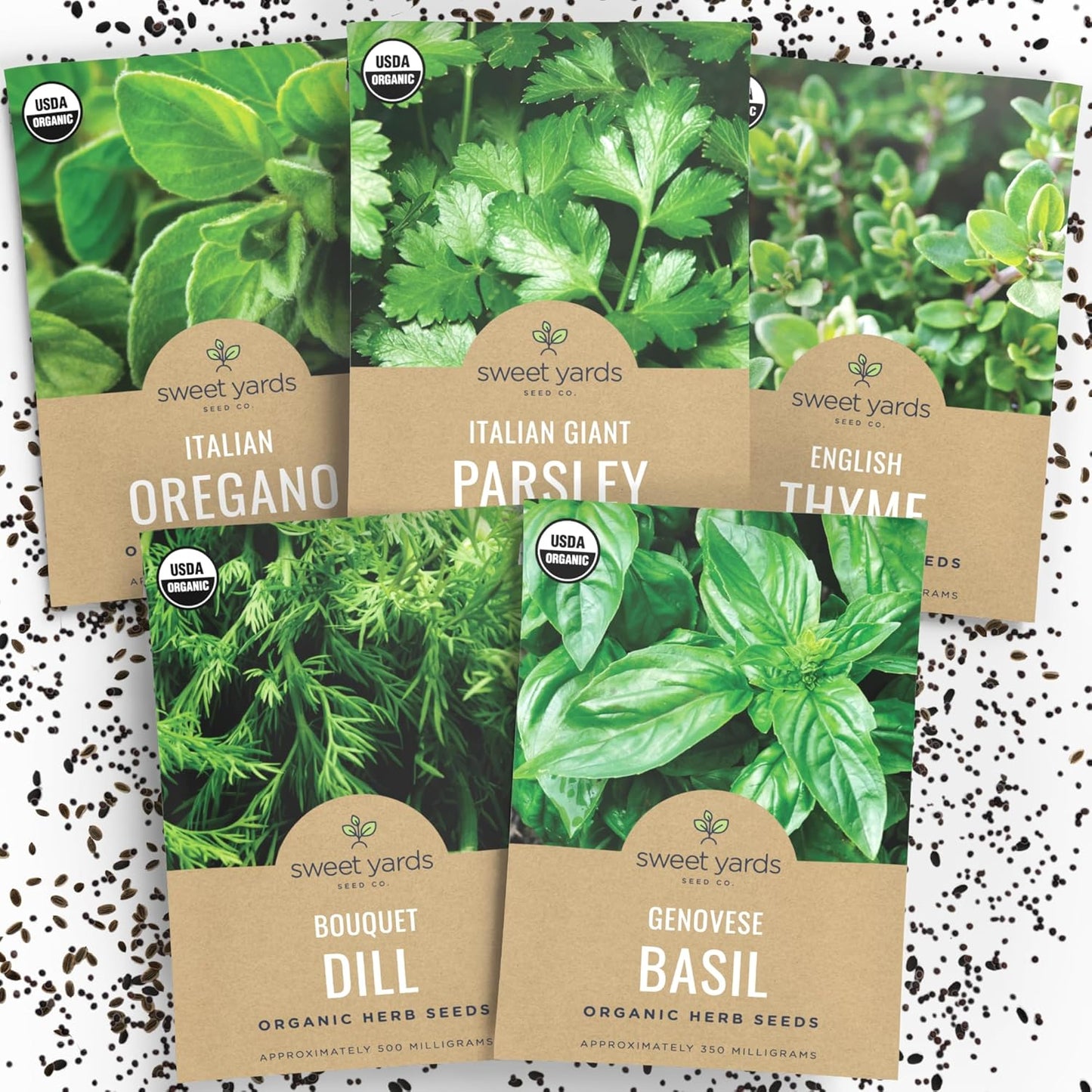 Organic Herb Seeds Variety Pack - 5 Individual Packs - 2025 Season - Basil, Oregano, Dill, Thyme & Parsley. for Indoor & Outdoor Planting (Non-GMO, Certified Organic)