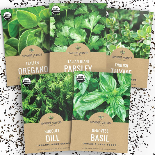 Organic Herb Seeds Variety Pack - 5 Individual Packs - 2025 Season - Basil, Oregano, Dill, Thyme & Parsley. for Indoor & Outdoor Planting (Non-GMO, Certified Organic)