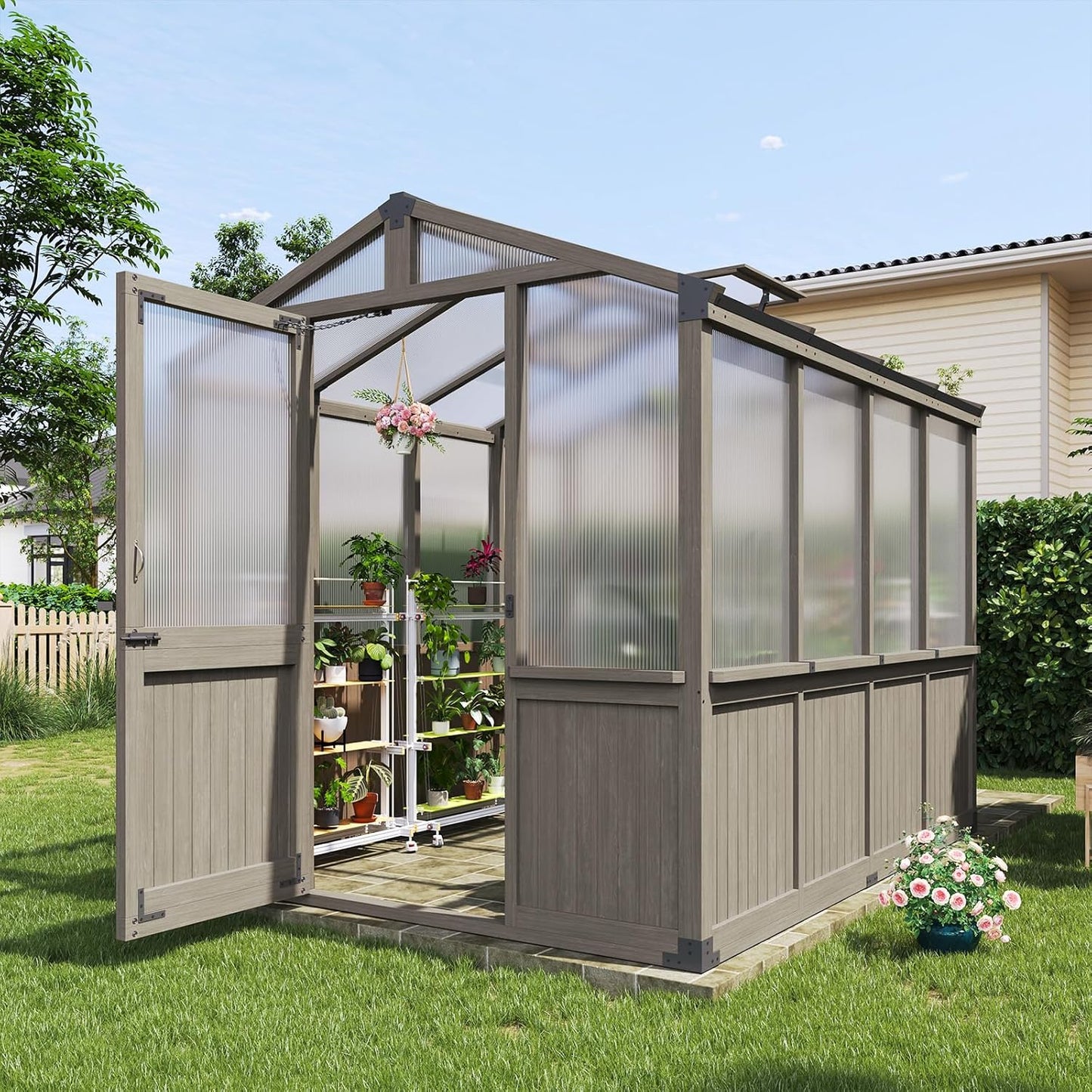 Aoxun 6x8 FT Walk-in Wooden Greenhouse,Solid Cedar Frame,Polycarbonate Panels, Automatically Temperature Control Roof Vent and Lockable Door,for Outdoor, Garden, Backyard,Patio, Lawn, Gray
