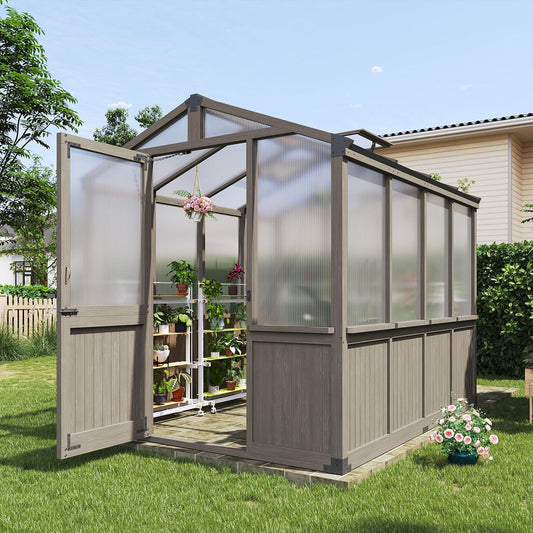 Aoxun 6x8 FT Walk-in Wooden Greenhouse,Solid Cedar Frame,Polycarbonate Panels, Automatically Temperature Control Roof Vent and Lockable Door,for Outdoor, Garden, Backyard,Patio, Lawn, Gray
