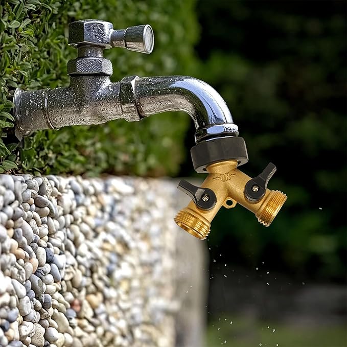 Uptotop Brass Garden Hose Splitter 2 way Heavy Duty, 2 Pack Brass Hose Y Splitter 2 Valves, Y Connector with 4 Extra Rubber Washers