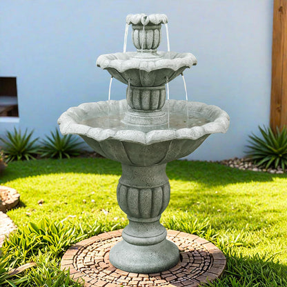 SunJet 39.3” High Modern Concrete Outdoor Water Fountain - 3 Tiered Large Floor Water Fountain and Waterfalls with Electric Pump for Garden, Patio, Yard, and Deck Decor, Featuring Natural Stone Look