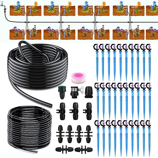 82FT/25M Rotary Sprinkler Drip Irrigation System, Adjustable Complete Drip Irrigation Kit with Rotary Sprinkler, 1/2" and 1/4" Irrigation Tubing and Barbed Fittings for Garden,Raised Beds,Yard,Lawn