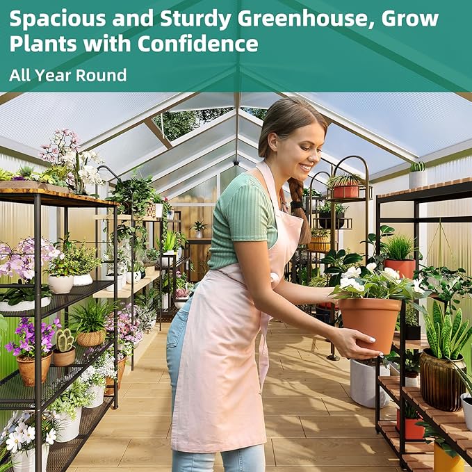 8x12 ft Greenhouse, Large Aluminum Greenhouses for Outdoors, Heavy Duty Polycarbonate Greenhouse with Roof Vent, Walk-in Green Houses for Winter Garden, Backyard, Patio, Lawn, Easy Assembly