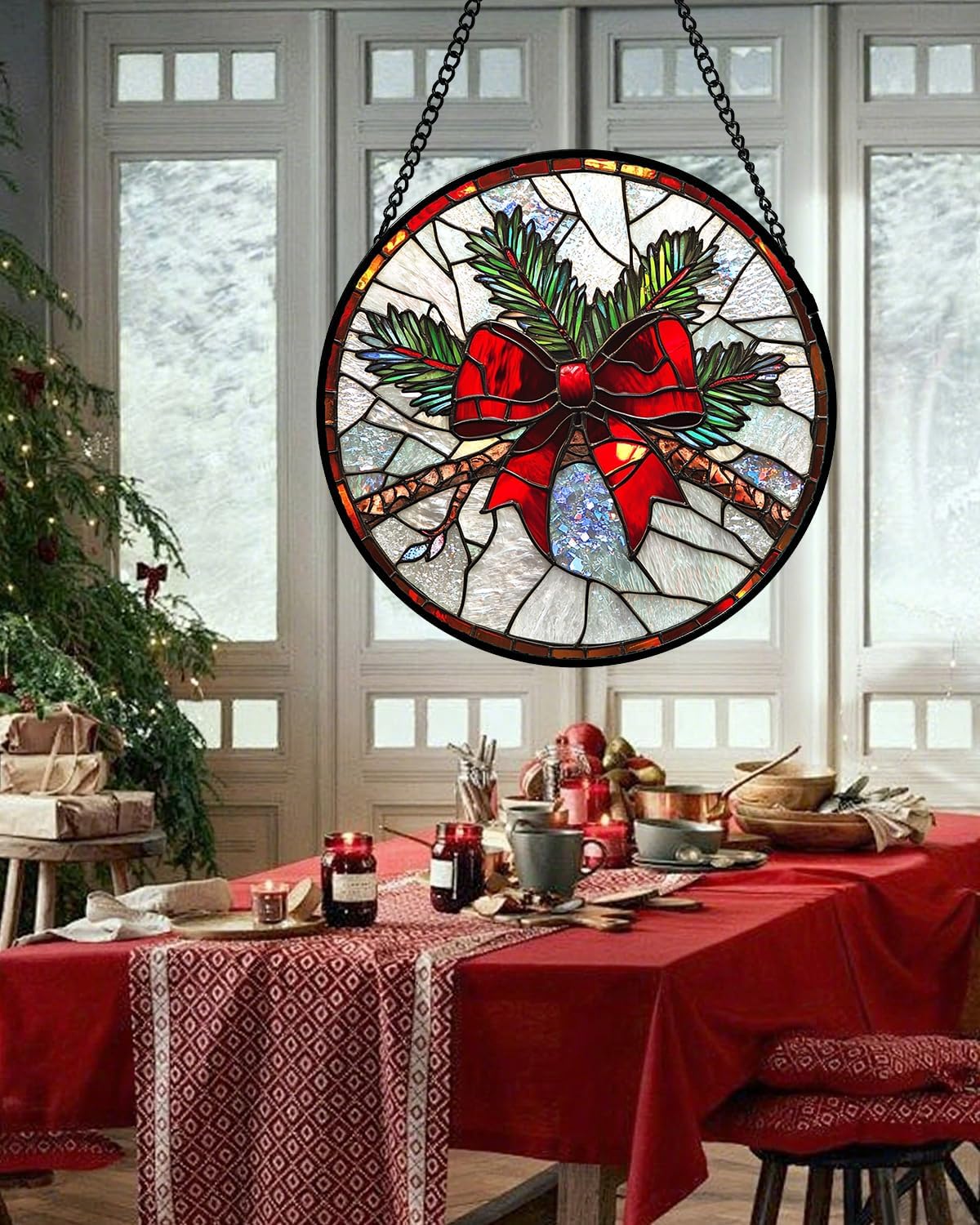 Stained Glass Window Hanging - Pine Branches Red Bow Suncatcher for Doors Home Christmas Decoration Silver Sun Catcher Thanksgiving New Year Birthday Gifts for Women Men Mom Nana 11.8 in