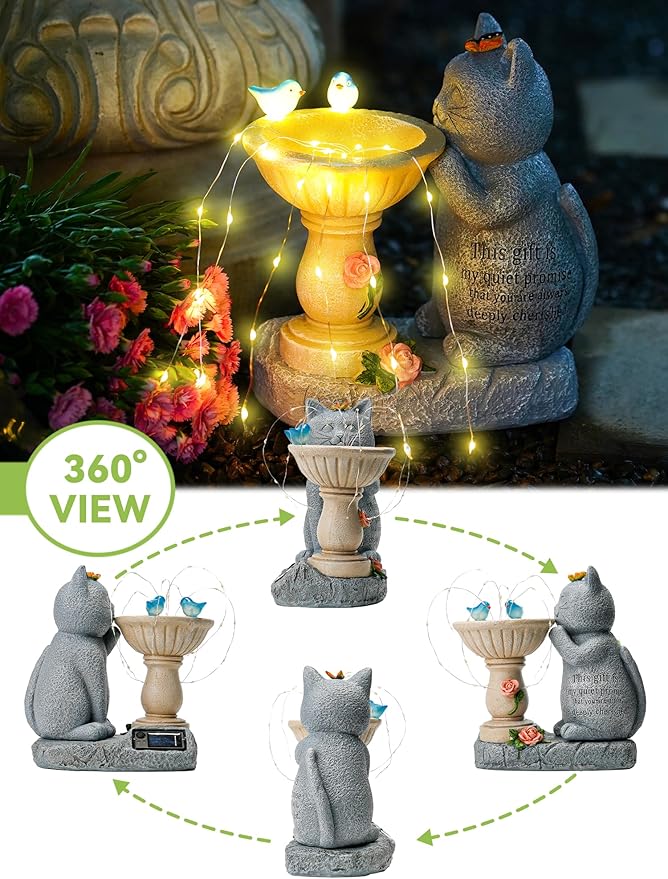 Garden Decor Cat Birdbath Statues, Solar Statues Decor with Butterfly Garden Decor for Home House, Yard Art Lawn, Ornaments, Porch Patio, Balcony - Birthday Gifts for Grandma Mom Women