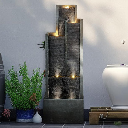 SunJet 5-Tiers Indoor/Outdoor Garden Water Fountain - 50.7inches Modern Floor-Standing Cascading Water Feature - Suitable for Deck, Patio, Porch, Yard Decor