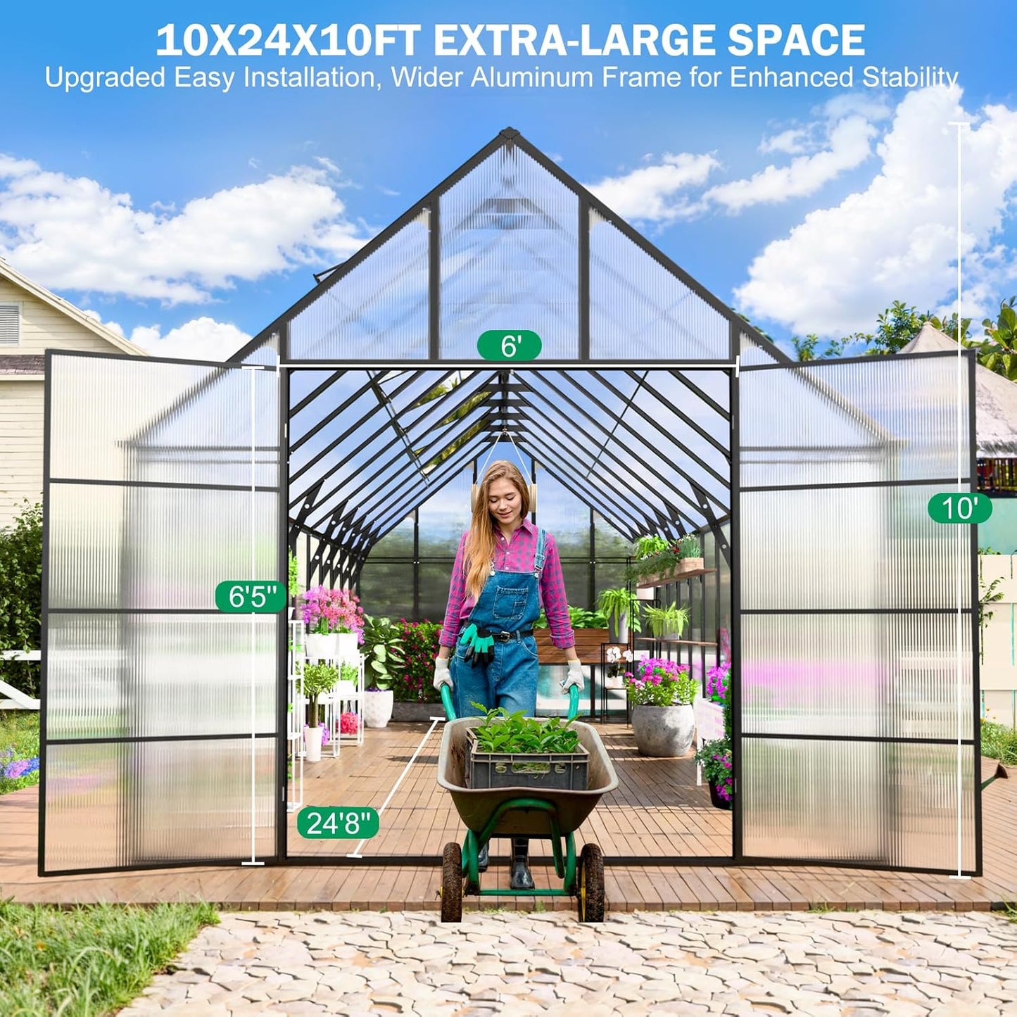CDCASA 10x24 FT Greenhouse for Outdoors,Large Easy Assembly Thicker Aluminum Polycarbonate Greenhouses with 5 Windows, Double Door,Outside Walk-in Green House for Patio, Backyard,Garden