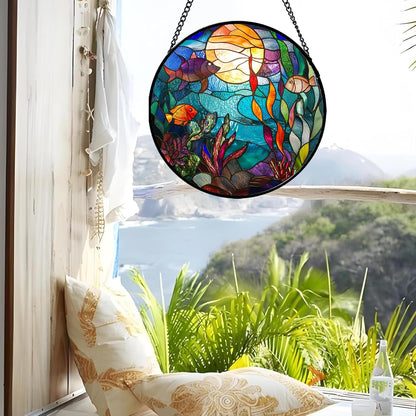 Stained Glass Window Hanging - Blue Ocean World Small Fish Coral Sun Catcher for Door Garden Home Decor Sea Suncatcher Christmas Mother's Day Birthday Gifts for Women Men Mom Nana 6.3 in