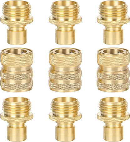 STYDDI Brass Garden Hose Quick Connect Fittings with Water Stop, Solid Brass Hose Quick-Connect Fittings with Auto Shut-off, 3/4 Inch GHT Thread Garden Hose Quick Connector Adapters, 3 Female + 6 Male