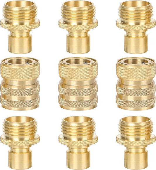 STYDDI Brass Garden Hose Quick Connect Fittings with Water Stop, Solid Brass Hose Quick-Connect Fittings with Auto Shut-off, 3/4 Inch GHT Thread Garden Hose Quick Connector Adapters, 3 Female + 6 Male