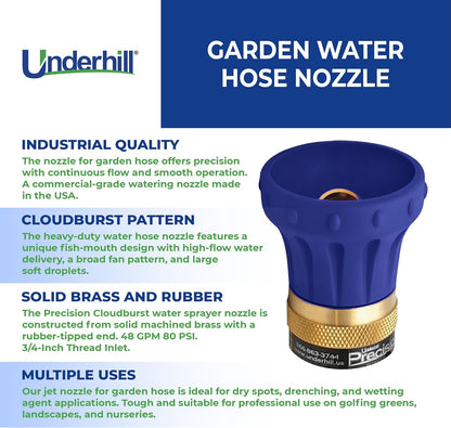 Underhill Precision Cloudburst Garden Water Hose Nozzle, Sprayer, 48 GPM 80 PSI, 3/4-Inch Thread Inlet, Heavy-Duty Brass and Rubber, HN4800