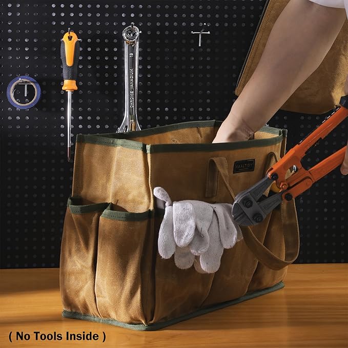 16OZ Waxed Canvas Tool Tote Bag | Large-Capacity Tool Storage Tote with 10 External Pockets | Multi-Purpose Garden Tool Carrier for Gardening, Wrench, and Carpentry Tools – Khaki