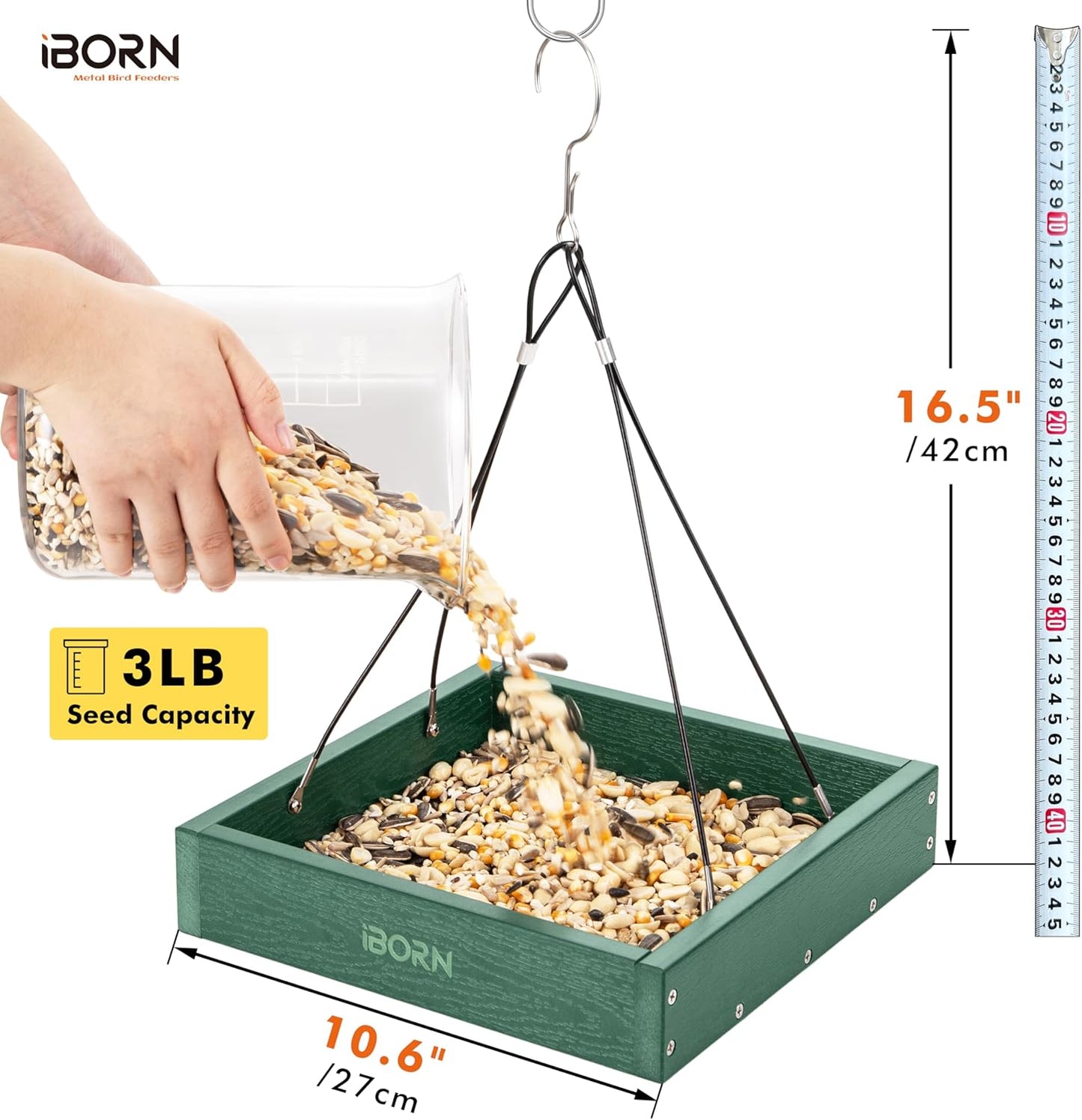iBorn Platform Bird Feeder Tray Bird Feeders for Outdoors 10.6"x10.6" Platform Feeder with Large Capacity 3 LBS, Recycled Plastic & Cedar Look, Waterproof, Green