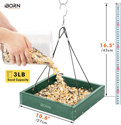 iBorn Platform Bird Feeder Tray Bird Feeders for Outdoors 10.6"x10.6" Platform Feeder with Large Capacity 3 LBS, Recycled Plastic & Cedar Look, Waterproof, Green