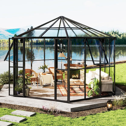 AMERLIFE 12x10x8 FT Hexagonal Hybrid Polycarbonate Greenhouse for Outdoors, Quick-Connect Assembly, Aluminum Frame with Ventilation and Rain Gutter for Backyard Garden, Black