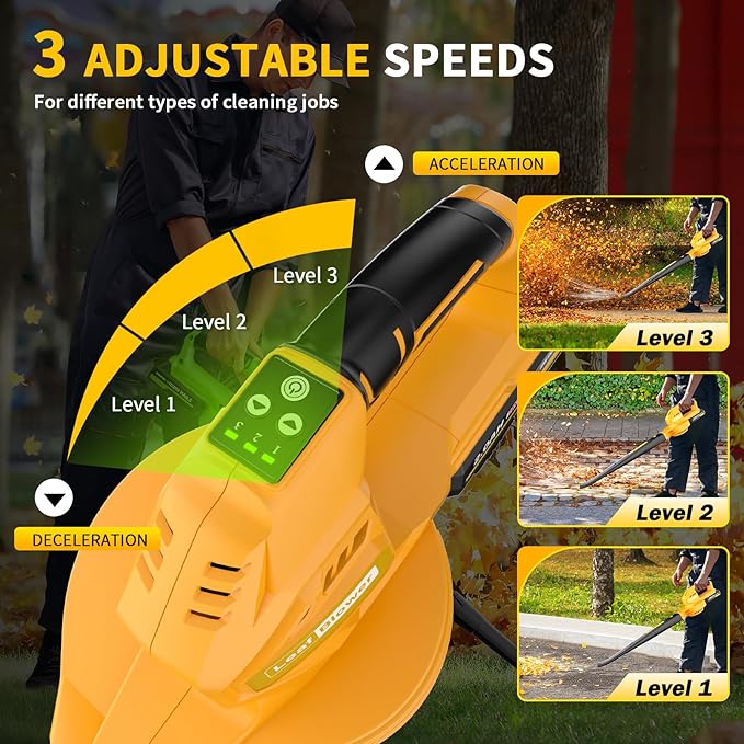 Leaf Blower Cordless, 20V Electric Blower with 2 X 2.0Ah Batteries and Fast Charger, 3 Speed Control, Handheld Lightweight Leaf Blower for Lawn Care, Patio, Garden Cleaning, etc