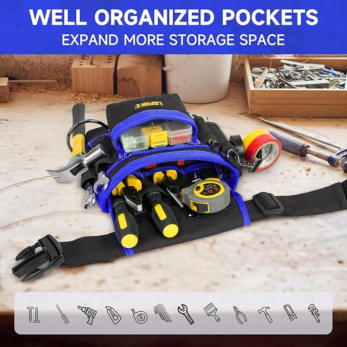 Tool Belt,Magnetic Tool Pouch,14-Pockets Tool Belts for Men,Detachable & Adjustable Tool Pouch belt for Electrician,Carpenter,Construction,Work Apron,Utility Belt,Black-Blue