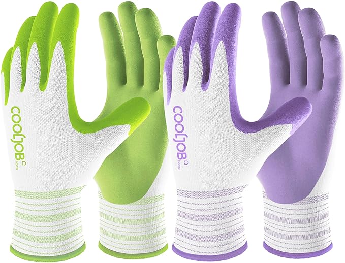 COOLJOB 2 Pairs Gardening Gloves for Women Ladies, Breathable Rubber Coated for Yard Garden, Outdoor Indoor Protective Work, Medium Size, Lavender Purple & Apple Green