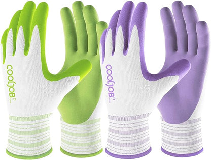 COOLJOB 2 Pairs Gardening Gloves for Women Ladies, Breathable Rubber Coated for Yard Garden, Outdoor Indoor Protective Work, Medium Size, Lavender Purple & Apple Green