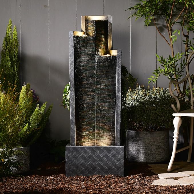 Modern Indoor Water Fountain,49.6" H Outdoor Garden Water Fountains Cascading Floor - Standing Tall Waterfall Outdoor Feature with LED Lights for Patio, Backyard, Deck, Porch and Home Art Decor