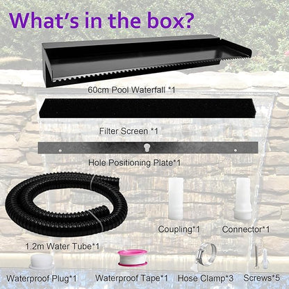 Pond Waterfall Spillway Pool Fountain Water Feature, Black Stainless Steel Outdoor Fountains, Swimming Pool Water Flow Waterfalls Kit for Garden Patio Ponds-23.6"x7.8"x3.9"(NO Light)