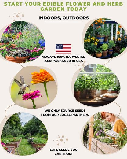 35 Tactiko Edible Flower & Herb Seeds Kit Variety - USA Grown Heirloom Non-GMO Open-Pollinated Seeds for Planting - Indoor Outdoor Gardening - Survival Long-Term Storage - Resealable Mylar Bag