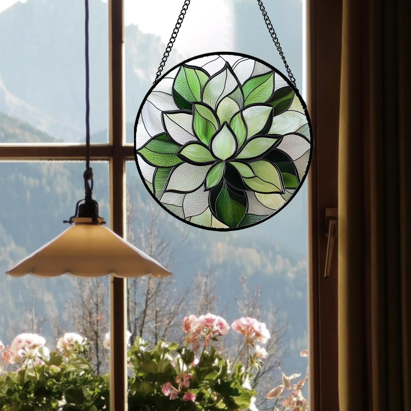 Stained Glass Window Hanging - Green Succulent Plants Suncatcher for Doors Garden Patio Floral Sun Catchers Decor Christmas Mother's Day Birthday Gifts for Women Men Mom Nana Friend 15 in