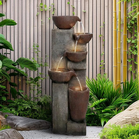 SunJet 5-Tier Cascading Indoor/Outdoor Water Fountain with LED Lights - 39.7" High Large Waterfall Floor Standing Fountain for Garden, Patio, Yard, and Deck Decor - Relaxing Outdoor Water Feature