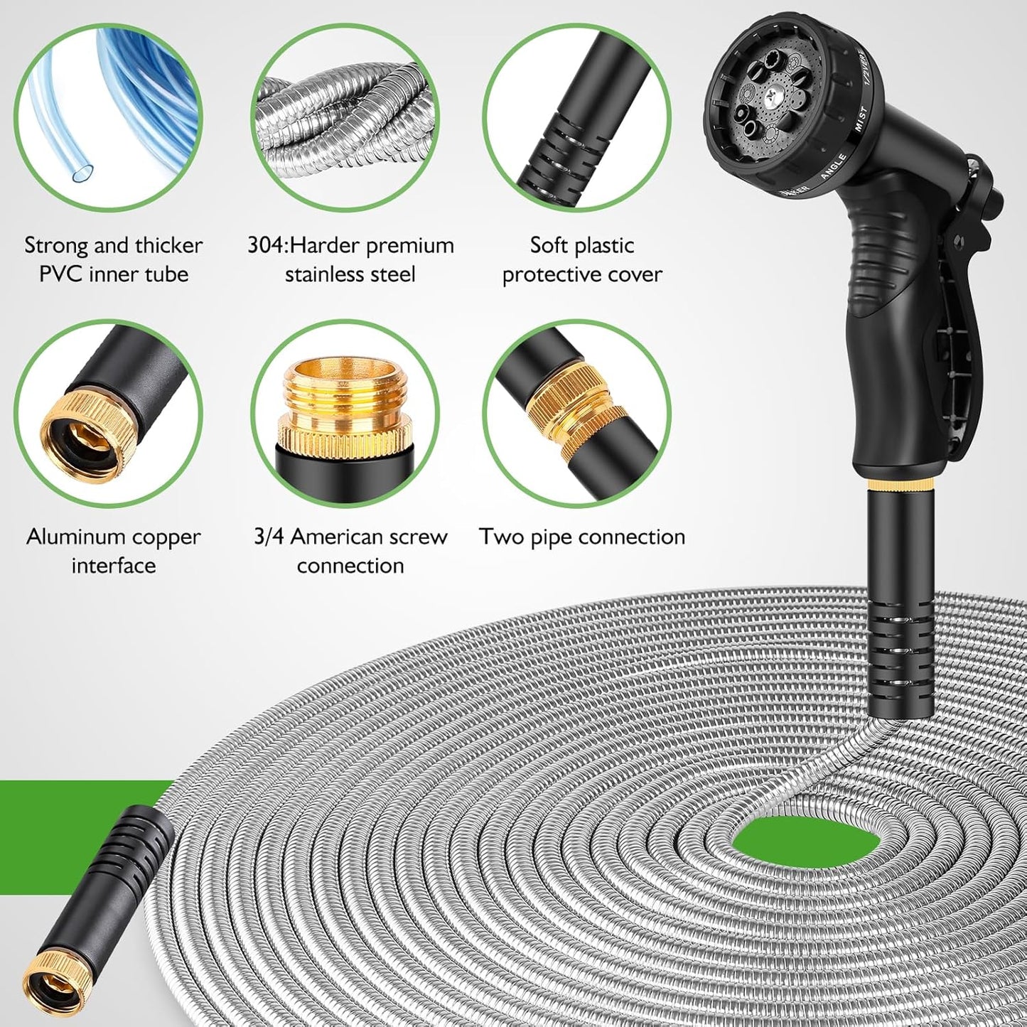 Garden Hose Metal 125FT, Stainless Steel Heavy Duty Water Hose With 10 Function Nozzle, No-Kink, Tough & Flexible, Sturdy and Lightweight, Rust Proof for Yard, Outdoor, RV