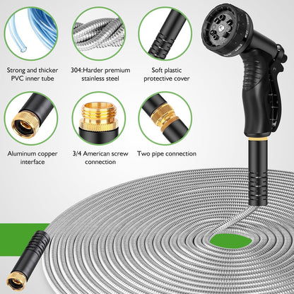 Garden Hose Metal 200FT, Stainless Steel Heavy Duty Water Hose With 10 Function Nozzle, No-Kink, Tough & Flexible, Sturdy and Lightweight, Rust Proof for Yard, Outdoor, RV