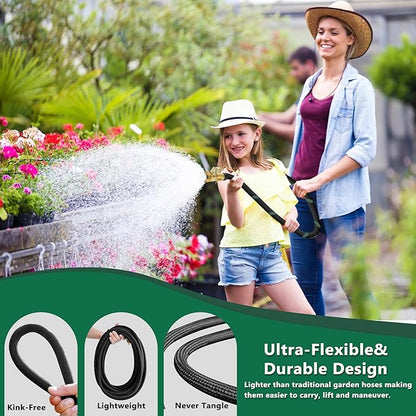 Garden Hose 25 ft-Heavy Duty Water Hoses - Flexible&Lightweight Car Washing Pipe with Strain Reliefs-Kink-free Rubber Hose with Sprayer Nozzle for Yard, Outdoor